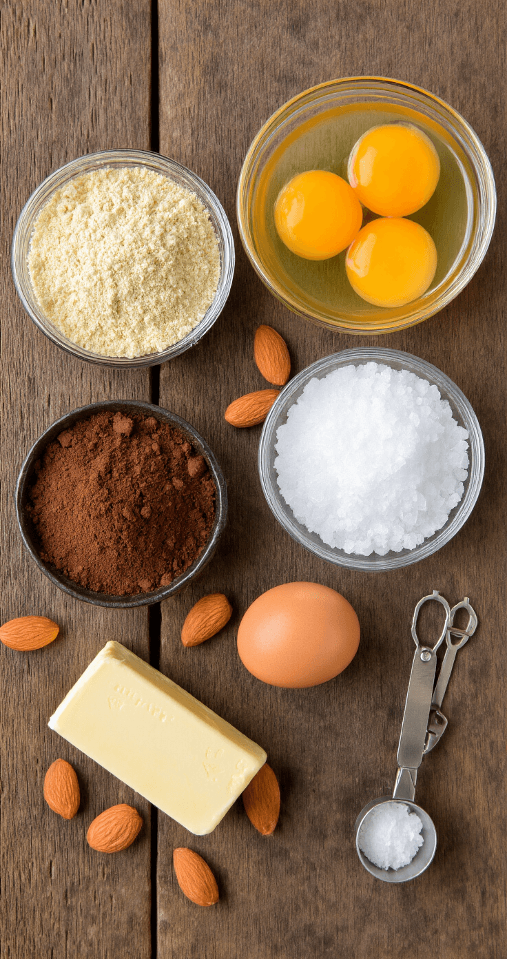Keto Brownie Bites met Amandelmeel: Smeuïge Chocoladehapjes Zonder Schuldgevoel Rustiek houten werkblad met zorgvuldig uitgemeten keto-ingrediënten: amandelmeel, cacaopoeder, erythritol, eieren en een digitale keukenweegschaal, verlicht door zacht daglicht.