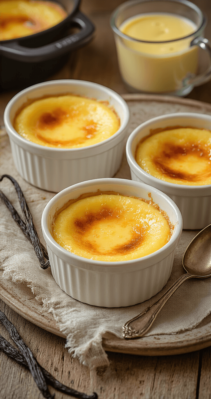 Keto Crème Brûlée met Erythritol: Het Perfecte Low-Carb Dessert Close-up van vier crèmekleurige ramekins met vanillecustard in een dampend waterbad, omgeven door een gouden gloed en een klassieke patisserieomgeving.