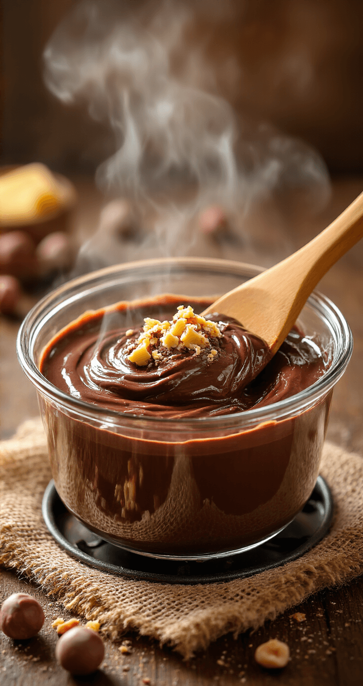 Chocolade-hazelnoot mousse: Zo maak je de perfecte luchtige mousse (zonder gedoe) Close-up van een hittebestendige glazen kom met grof gehakte pure chocolade, hazelnootpasta en boter, smeltend au bain-marie. Gouden stoomwolken stijgen op in een warme keuken, terwijl een rubberen spatel door de zijdezachte chocolademassa roert. Cinematografische belichting toont de rijke glans en textuur van het mengsel op een donkere houten ondergrond.