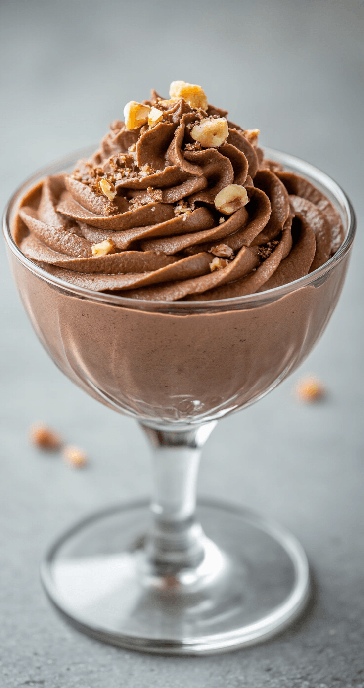 Chocolade-hazelnoot mousse: Zo maak je de perfecte luchtige mousse (zonder gedoe) Close-up van een elegant dessertglas met zijdezachte chocolade-hazelnoot mousse, versierd met gebrande hazelnoten, geraspte pure chocolade en een munttakje, op een crèmekleurige achtergrond met een zilveren dessertlepel ernaast.