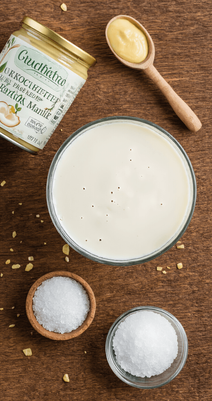 Keto Ijs van Kokosmelk en Pindakaas: Romig, Suikervrij en Verrassend Makkelijk Een bovenaanzicht van een rustieke houten keukentafel met ingrediënten voor keto-ijs: geopend blik kokosmelk, glazen pot pindakaas, schaaltje erythritol, flesje vanille-extract en kommetje zeezout, omgeven door warme, zachte belichting.