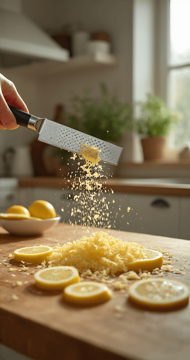 Ricotta met Citroenrasp en Stevia: Het Frisste Koolhydraatarme Dessert dat Je in 10 Minuten Maakt Close-up van een biologische citroen die voorzichtig over een zilveren microplane rasp wordt geraspt in een lichte Scandinavische keuken, met zachte ochtendlicht en glimmende druppels citroensap op de rasp.