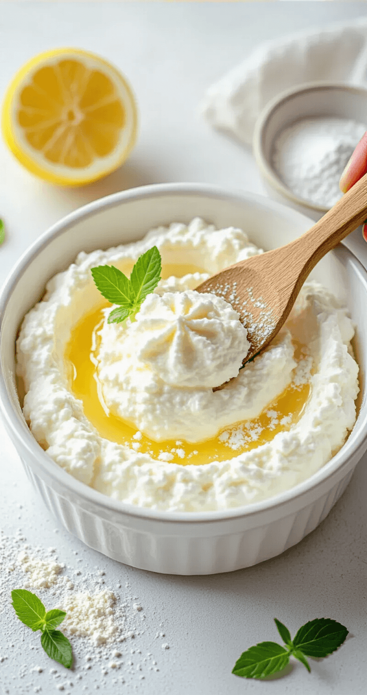 Ricotta met Citroenrasp en Stevia: Het Frisste Koolhydraatarme Dessert dat Je in 10 Minuten Maakt Bovenaanzicht van een keramische mengkom met romige ricotta, citroenrasp en stevia-poeder, op een marmerkleurig aanrecht met een halve citroen, een kleine maatlepel en een garde.