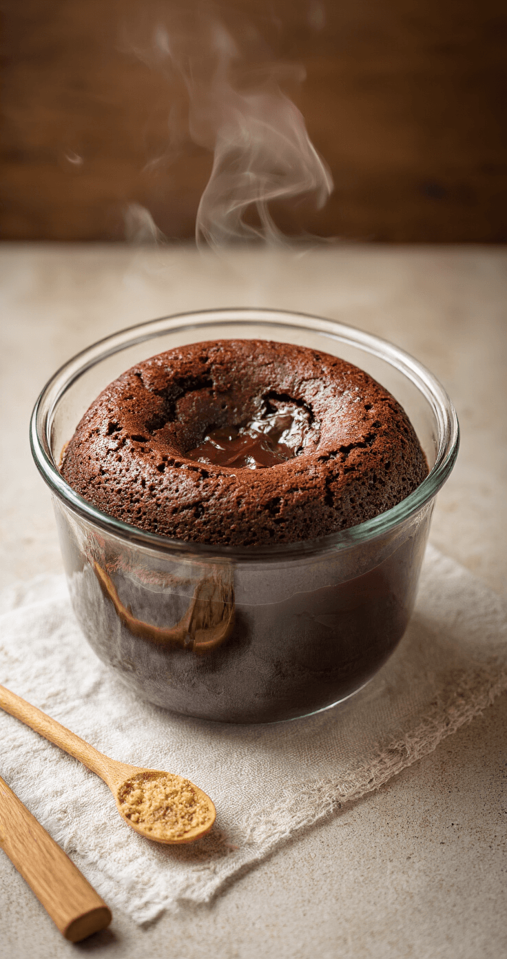 Keto Lava Cake: De Perfecte Low-Carb Chocolade Vulkaantaart Close-up van een hittebestendige glazen kom met smeltende suikervrije pure chocolade en goudgele roomboter, boven een dampende pan. Een houten spatel roert door het mengsel in een sfeervolle, donkere keuken.