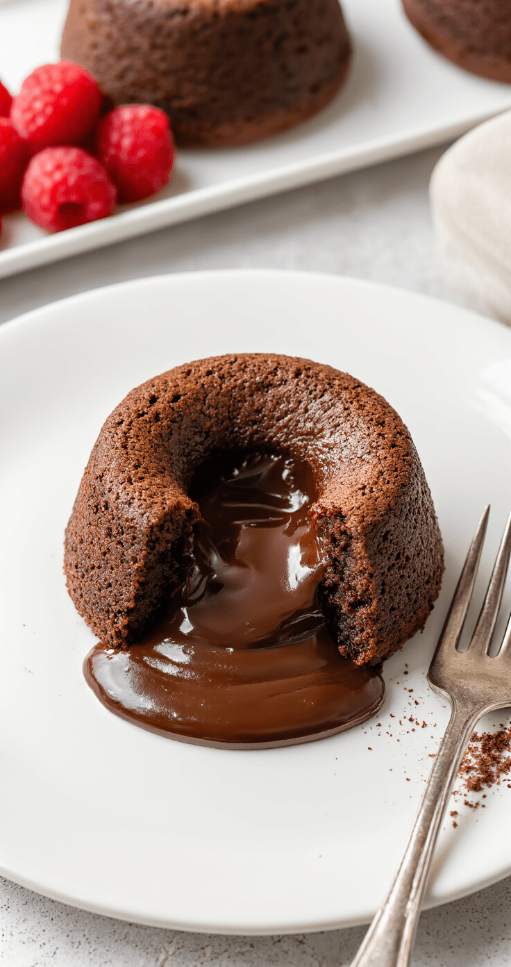 Keto Lava Cake: De Perfecte Low-Carb Chocolade Vulkaantaart Een perfect uitgestorte keto lava cake met warme, vloeiende chocolade op een wit keramisch bord, omringd door suikervrije slagroom en frisse frambozen, op een donkere leisteen ondergrond met dramatische belichting.