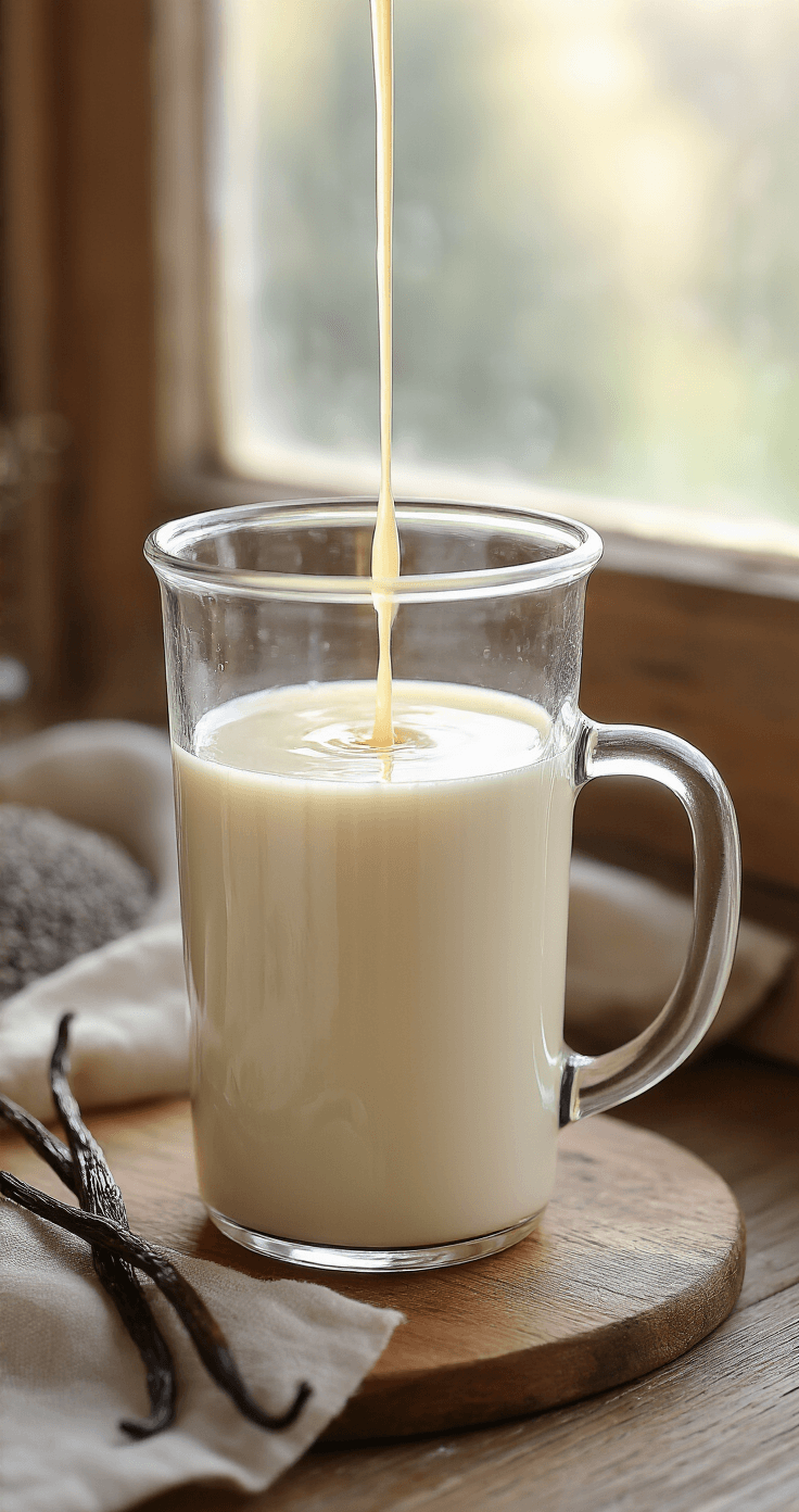Vanille Chia Pudding met Amandelmelk: Het Makkelijkste Recept dat Je Nooit Meer Wilt Missen Cinematische bovenaanzicht van een houten keukentafel met een glazen maatbeker met amandelmelk, vanille-extract, chiazaadjes, ahornsiroop en een halve vanillepeul in warm ochtendlicht.