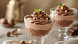 Chocolade-hazelnoot mousse: Zo maak je de perfecte luchtige mousse (zonder gedoe) Cinematische close-up van een elegante chocolade-hazelnoot mousse in een dessertglas, gegarneerd met hazelnoten en chocolade, op een crèmekleurige marmeren ondergrond met gehakte noten en chocoladeschilfers.