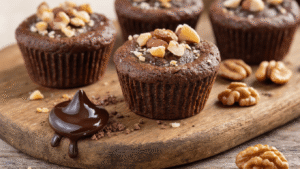 Keto Brownie Bites met Amandelmeel: Smeuïge Chocoladehapjes Zonder Schuldgevoel Cinematische close-up van keto brownie bites in mini-muffinvorm, bestrooid met walnoten en suikervrije chocoladestukjes, met ingrediënten zoals amandelmeel en cacaopoeder op een rustiek houten werkblad en gesmolten chocolade die over de brownie druppelt, verlichte warme sfeer.