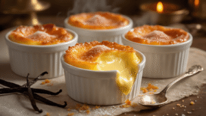 Keto Crème Brûlée met Erythritol: Het Perfecte Low-Carb Dessert Cinematic close-up of four ivory ramekins filled with silky keto vanilla custard, featuring a caramelized erythritol crust; one ramekin cracked open, set in a warm French patisserie with candlelight, fresh vanilla pod, scattered erythritol, and a vintage spoon.