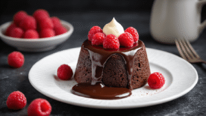 Keto Lava Cake: De Perfecte Low-Carb Chocolade Vulkaantaart Close-up van een keto lava cake met vloeiende chocolade, vergezeld van frisse frambozen en suikervrije slagroom, op een donkere leisteen ondergrond, met dramatische belichting en warme amberkleurige tonen.