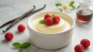 Keto Panna Cotta met Vanille en Room: Het Perfecte Suikervrije Dessert Cinematic close-up of elegant keto panna cotta in a white ceramic ramekin, topped with fresh raspberries and mint leaves, on a marble surface, with a vanilla bean, erythritol, and vanilla extract in the background, featuring soft, warm side lighting that highlights the creamy texture.