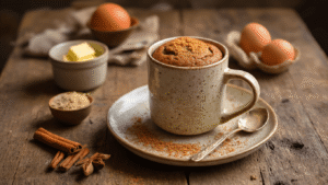 Keto Speculaas Mug Cake: De Snelste Koolhydraatarme Traktatie van het Jaar Close-up of a steaming keto speculaas mug cake in a rustic mug on a weathered wooden table, surrounded by almond flour, melted butter, a cracked egg, Greek yogurt, and spices. Soft golden evening light casts gentle shadows, and a dollop of unsweetened whipped cream melts over the warm cake. Subtle textures of cinnamon and nutmeg are visible on the surface, creating a cozy winter atmosphere.