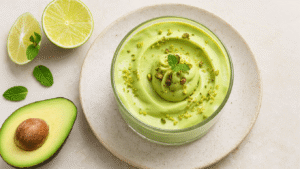 Limoen-avocado mousse: Het Makkelijkste No-Bake Dessert dat Je Ooit Maakt Cinematisch bovenaanzicht van een elegante limoen-avocado mousse in dessertglazen, gegarneerd met limoenzeste, pistachenoten en munt, met biologische limoenen en een microplane rasp ernaast, op een lichtbeige marmeren ondergrond.