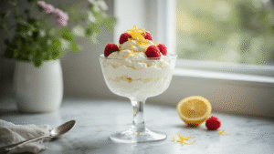 Ricotta met Citroenrasp en Stevia: Het Frisste Koolhydraatarme Dessert dat Je in 10 Minuten Maakt Cinematic close-up of an elegant dessert glass filled with creamy ricotta mousse, adorned with golden lemon zest curls and fresh raspberries, set on a cool marble countertop in a Scandinavian kitchen, illuminated by soft morning light.