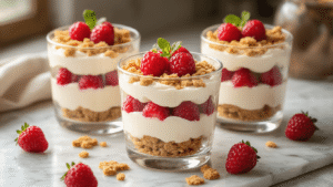 Aardbei-room dessert met mascarpone: het romigste dessert van de zomer Elegante dessertglazen met laagjes mascarponeroom, verse aardbeien en speculooskruimels, omringd door verse aardbeien, een houten lepel en een citroen op een rustiek marmeren aanrecht.