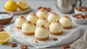 Keto Cheesecake Balletjes: Romige No-Bake Lekkernijen Zonder Suiker Cinematic close-up of creamy keto cheesecake balls coated in coconut flakes, cocoa powder, and chopped pecans on white parchment paper, with a warm kitchen atmosphere and ingredients in the background.