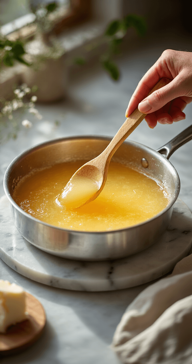 Keto Kwarktaart Zonder Bodem: Romig, Makkelijk en Precies Goed Close-up van een zilveren steelpan met goudkleurige, dampende gelatine op een marmeren werkblad, terwijl iemand romig kwarkmengsel toevoegt; achtergrond van een rustieke keuken met linnen theedoeken en een vintage keukenweegschaal in warme tonen.
