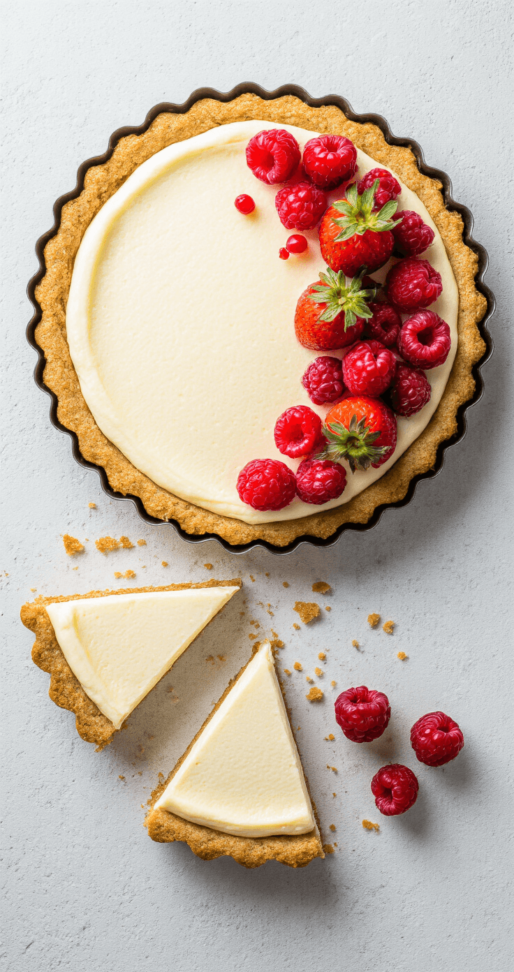 Keto Kwarktaart Zonder Bodem: Romig, Makkelijk en Precies Goed Bovenaanzicht van een luxe keto kwarktaart zonder bodem in een geopende springvorm, gegarneerd met aardbeien, frambozen en donkere chocolade, tegen een licht betonnen achtergrond.