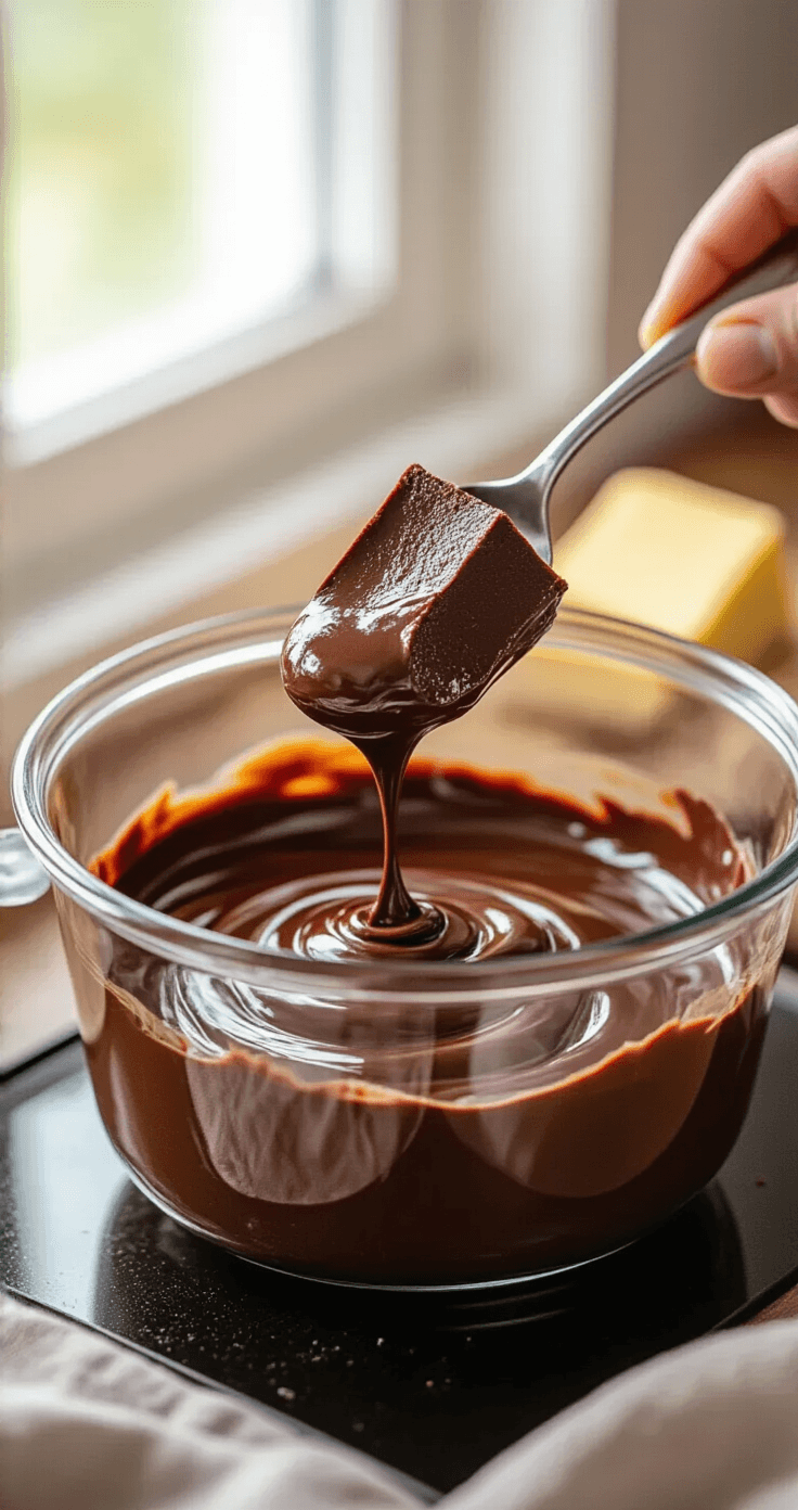 Suikervrije Chocolade Fudge Blokjes: Zo Maak Je Ze Perfect (Zonder Suiker!) Een close-up van een glazen kom met smeltende donkere chocolade en ongezouten boter, rustend op een stoompan in een sfeervolle keuken met warm zijlicht.