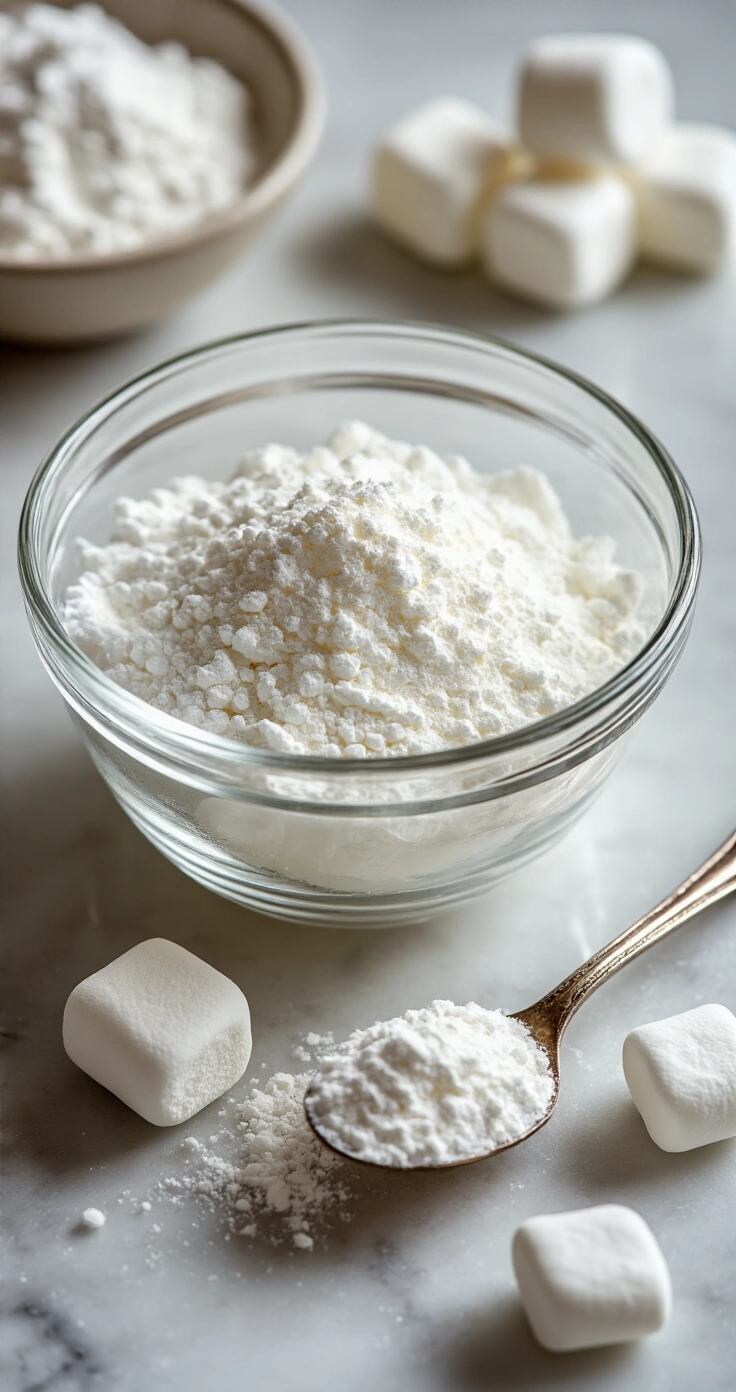 Keto Marshmallow Fluff (Suikervrij): Zo Maak Je Het Zelf Cinematische close-up van een glazen mengkom met gelatinepoeder dat gelijkmatig over ijskoud water wordt gestrooid, met zorgvuldig afgewogen ingrediënten in kleine witte schaaltjes eromheen op een licht bestoven marmeren werkblad.