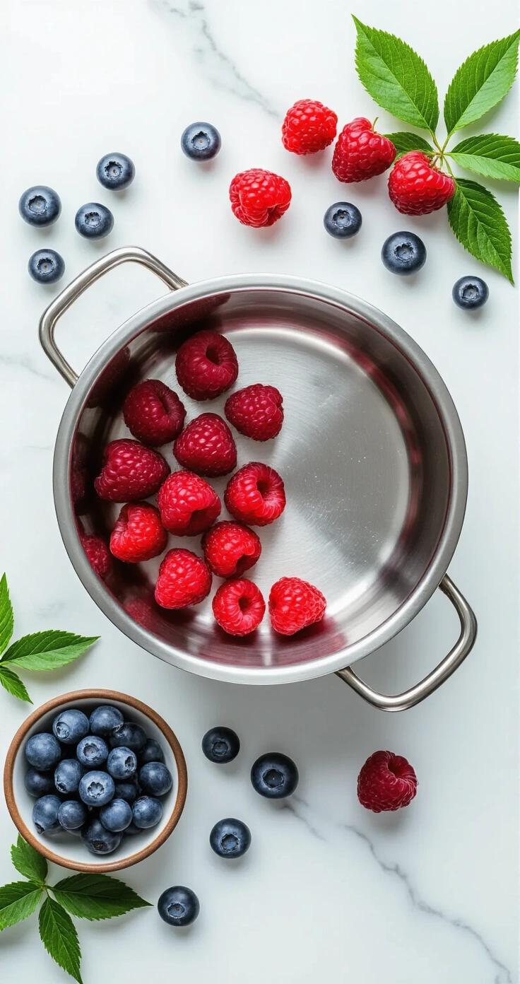 Bosvruchtenroom met Slagroom: Het Perfecte Romige Dessert of Taartvulling Een bovenaanzicht van een marmeren werkblad met een glanzende roestvrijstalen mengkom in het midden, omgeven door verse frambozen, bramen en blauwe bessen op cremekleurig keukenpapier. Een professionele handmixer ligt naast de kom, verlicht door zacht, diffuus ochtendlicht.