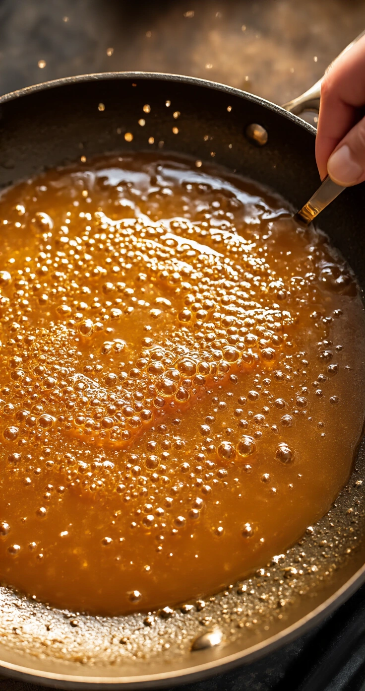 Keto Karamelsaus over Suikervrij Roomijs: De Ultieme Gids voor een Guilty-Free Dessert Close-up van glanzende goudbruine keto karamelsaus in een gietijzeren steelpan, met een hand die een garde boven de pan houdt, omringd door keukenaccessoires op een houten aanrecht.