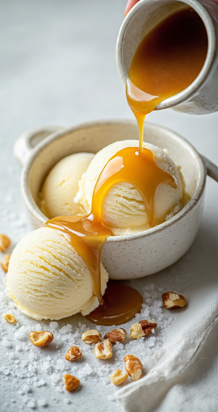 Keto Karamelsaus over Suikervrij Roomijs: De Ultieme Gids voor een Guilty-Free Dessert Een bovenaanzicht van twee romige bollen suikervrij roomijs in een keramieken kom, met keto karamelsaus die als gouden slierten over het ijs druipt, bestrooid met zeezout en geroosterde noten.