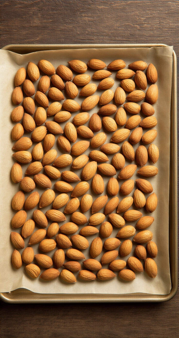 Pure Chocolade Amandel Clusters: Het Perfecte Recept voor Knapperige Lekkernijen Een bovenaanzichtfoto van een rustieke bakplaat met een enkele laag van 250 gram lichtgoudbruin geroosterde amandelen, omgeven door zachte daglichtbelichting en verduisterde schaduwen, op een lichte marmeren ondergrond met een houten spatel.