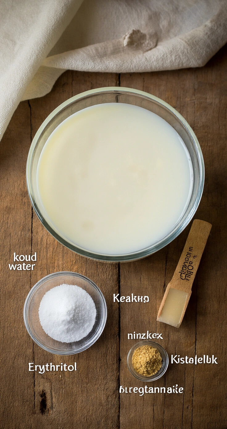 Keto Kokos Panna Cotta met Framboos: Het Makkelijkste Dessert dat je op Keto kunt Maken Bovenaanzicht van een houten keukentafel met een glazen kom gevuld met koud water en gelatineblaadjes, naast ingrediënten zoals erythritol, vanille-extract en een digitale keukenweegschaal, onder natuurlijk daglicht.