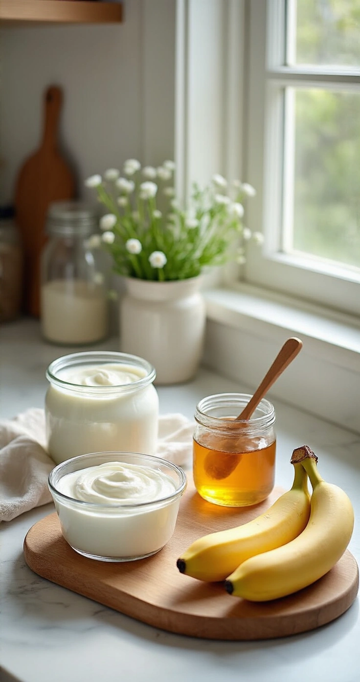 Griekse Yoghurt met Pindakaas Swirl: Het Makkelijkste Recept dat Je Elke Dag Wilt Maken Lichte minimalistische keuken met ingrediënten voor een Griekse yoghurtpindakaas recept: romige Griekse yoghurt, pindakaas, honing, banaan, en blauwe bessen op een wit marmeren aanrecht, gefotografeerd in warm ochtendlicht.