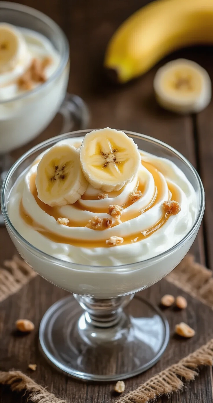 Griekse Yoghurt met Pindakaas Swirl: Het Makkelijkste Recept dat Je Elke Dag Wilt Maken Close-up van een glazen serveerkom met romige Griekse yoghurt, prachtig gegarneerd met vloeibare pindakaas, banaan, blauwe bessen en pinda's, met een lichte sprenkel cacao en kaneel op een donkere houten ondergrond.