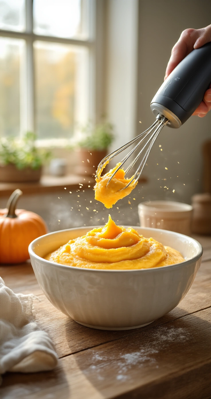 Keto Pompoen Mousse: Het Makkelijkste Koolhydraatarme Dessert dat Je Ooit Gaat Maken Close-up van een houten keukentafel met een mengkom vol romige roomkaas en pompoenpuree, verlicht door warme daglichtstralen, omringd door speculaaskruiden en kaneelstokjes.