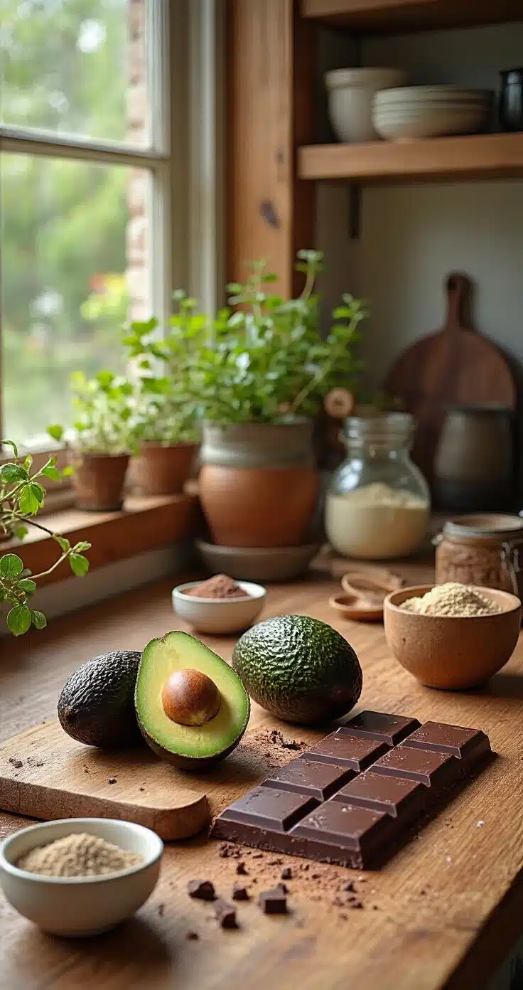 Chocolade-Avocado Truffels: Het Recept Dat Je Niet Verwacht (Maar Nooit Meer Vergeet) Een rustieke houten keukenbar met twee rijpe avocado's, gebroken stukken pure chocolade, en schaaltjes met cacaopoeder, zeezout en ahornsiroop, gefotografeerd in zacht natuurlijk licht.