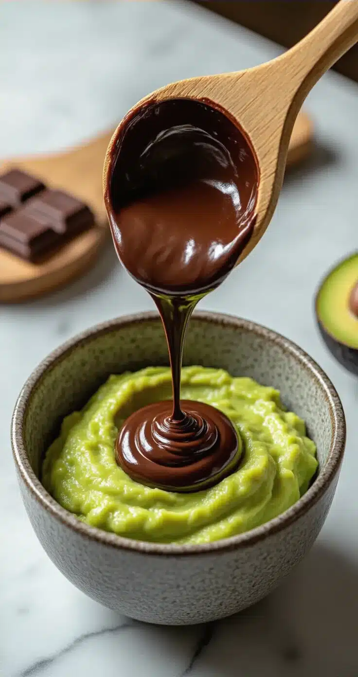 Chocolade-Avocado Truffels: Het Recept Dat Je Niet Verwacht (Maar Nooit Meer Vergeet) Extreme close-up van een stenen mengkom met gesmolten chocolade die over avocadopuree wordt gegoten, verlicht door warme verlichting met sensuele en ambachtelijke sfeer.