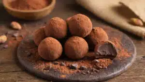 Chocolade-Avocado Truffels: Het Recept Dat Je Niet Verwacht (Maar Nooit Meer Vergeet) Cinematic close-up of handmade chocolate-avocado truffles dusted with cocoa powder on a rustic wooden surface, showcasing creamy interiors and surrounded by broken dark chocolate, half an avocado, bowls of sea salt and maple syrup, and a sieve dusting cocoa powder.