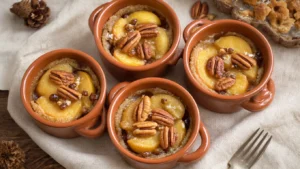 Kaneelroom met Pecannoten: Warm Wintertoetje uit de Oven Cinematisch bovenaanzicht van rustieke terracotta ramekins met warm winterfruit en kaneelroom, gegarneerd met pecannoten, sfeervol verlicht door kaarslicht, met stoom en een vintage achtergrond.