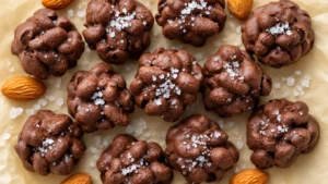 Pure Chocolade Amandel Clusters: Het Perfecte Recept voor Knapperige Lekkernijen Bovenaanzicht van rustieke pure chocolade amandelclusters op crèmekleurig bakpapier, bedekt met zoutvlokken en omringd door geroosterde amandelen, cacaonibs en kokosvlokken, tegen een verweerde marmeren achtergrond.