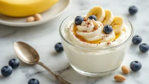Griekse Yoghurt met Pindakaas Swirl: Het Makkelijkste Recept dat Je Elke Dag Wilt Maken Cinematic close-up of a rustic glass bowl filled with thick Greek yogurt swirled with peanut butter, topped with banana slices, blueberries, and chopped peanuts, dusted with cocoa powder and cinnamon, with honey droplets glistening in warm morning light on a white marble countertop, accompanied by a wooden spoon and a small jar of peanut butter, featuring a warm color palette and a bokeh background.