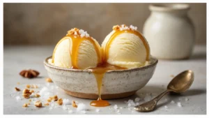 Keto Karamelsaus over Suikervrij Roomijs: De Ultieme Gids voor een Guilty-Free Dessert Cinematische close-up van romige suikervrije ijsbollen in een rustieke kom, overgoten met glanzende gouden keto karamelsaus, bestrooid met grof zeezout en noten, met een achtergrond van een dampende steelpan en een houten aanrecht.