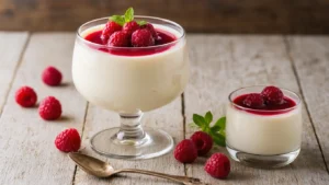 Keto Kokos Panna Cotta met Framboos: Het Makkelijkste Dessert dat je op Keto kunt Maken Elegante keto kokos panna cotta in een helder dessertglaasje, afgewerkt met fluweelzachte frambozencoulis, verse frambozen, muntblaadjes en geroosterd amandelschaafsel. Rustieke houten tafel en onscherpe achtergrond met kokosmelkblik en erythritol.