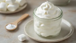 Keto Marshmallow Fluff (Suikervrij): Zo Maak Je Het Zelf Close-up van zelfgemaakte keto marshmallow fluff in een glazen pot op een marmeren werkblad, omringd door gelatinepoeder, allulose-siroop en een suikerthermometer, met zachte belichting die de textuur benadrukt.