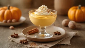 Keto Pompoen Mousse: Het Makkelijkste Koolhydraatarme Dessert dat Je Ooit Gaat Maken Cinematische close-up van een elegante keto pompoen mousse in een helder dessertglas, gegarneerd met slagroom en speculaaskruiden, met een warme herfstbelichting en een zachte bokeh achtergrond van pompoenpuree.