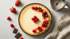 Keto Kwarktaart Zonder Bodem: Romig, Makkelijk en Precies Goed Cinematic top-down shot of a luxurious keto cheesecake without crust in a springform pan, garnished with strawberries, raspberries, and dark chocolate, set on a light concrete surface with rustic kitchen elements in the background.
