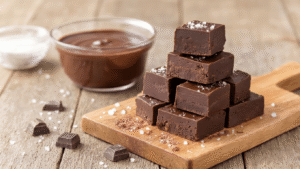 Suikervrije Chocolade Fudge Blokjes: Zo Maak Je Ze Perfect (Zonder Suiker!) Cinematic close-up of rich, sugar-free chocolate fudge cubes dusted with cocoa powder and sea salt, arranged on a rustic wooden cutting board, with a pot of melted dark chocolate in the background and cream cheese beside the fudge.
