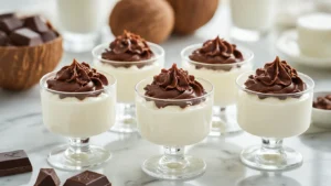Kokosroom met Pure Chocoladeschaafsel: Het Makkelijkste No-Bake Dessert dat Je Ooit Zult Maken Elegante dessertglaasjes met luchtige kokosroom en pure chocoladeschaafsel, geserveerd op een marmeren aanrecht met frambozen en munt, in een minimalistische keuken.