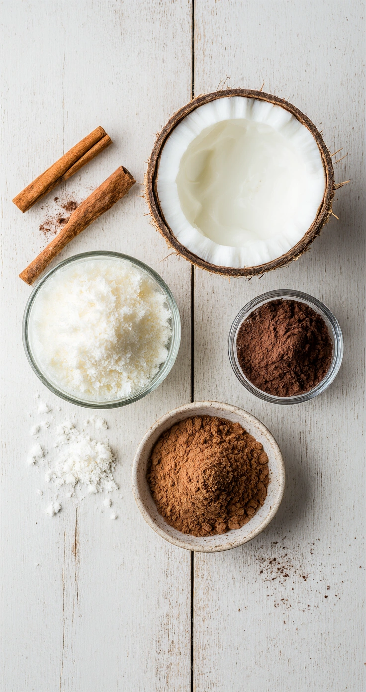 Keto IJslolly's van Kokos en Cacao: Romig, Chocoladerijk en Zonder Suiker Stijlvolle bovenaanzicht van een houten keukentafel met ingrediënten voor keto kokos cacao ijslolly: geopend blik volle kokosmelk, ongezoet cacaopoeder, erythritol, verse kokosrasp en vanille-extract, verlicht door zacht natuurlijk licht.