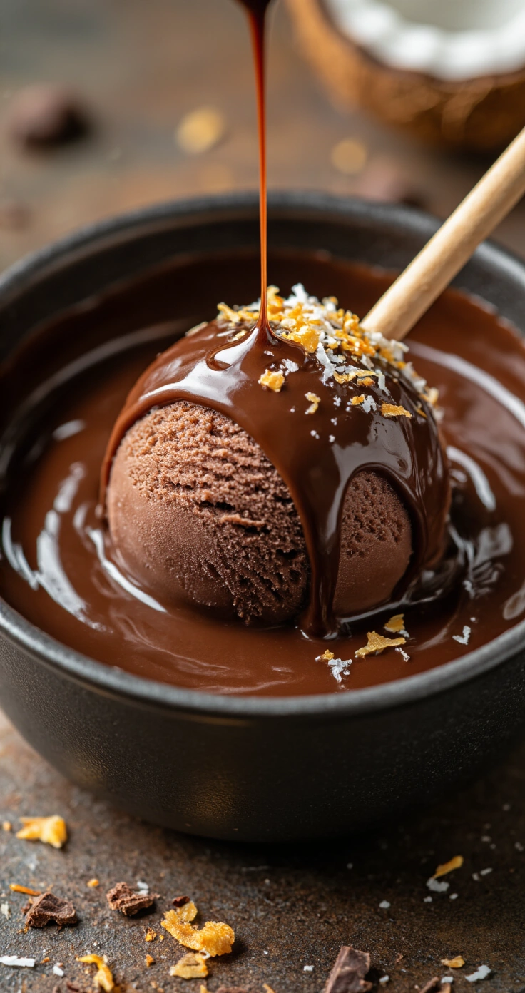 Keto IJslolly's van Kokos en Cacao: Romig, Chocoladerijk en Zonder Suiker Close-up van een diepbruin keto kokos-cacao ijslolly die in gesmolten chocolade wordt gedompeld, met kokosrasp erop, en siliconen ijslolly-vormpjes op de achtergrond.