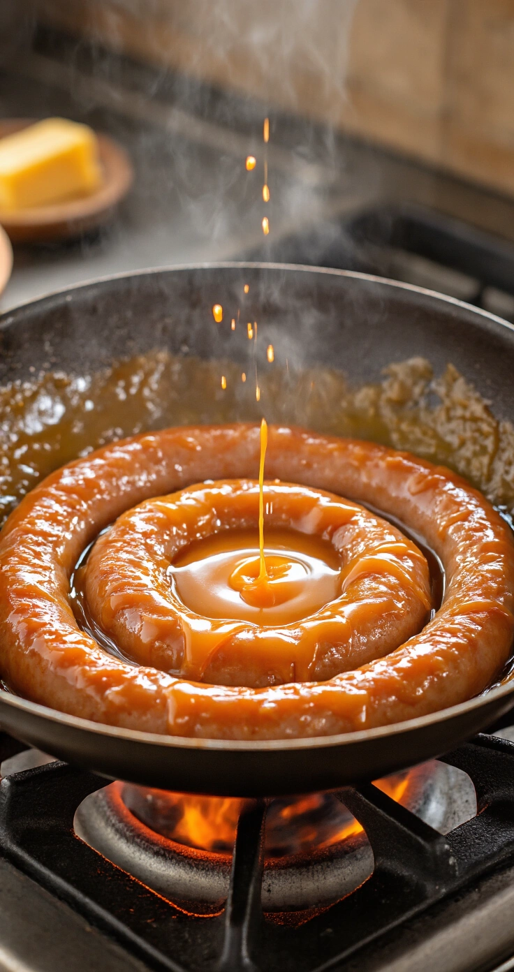 Keto Salted Caramel Mousse: Romig, Suikervrij en Onweerstaanbaar Lekker Close-up van een roestvrijstalen pan met karamelliserende allulose en boter op een gietijzeren fornuis, omringd door een warme keuken met zeezout en vanille-extract op de achtergrond.