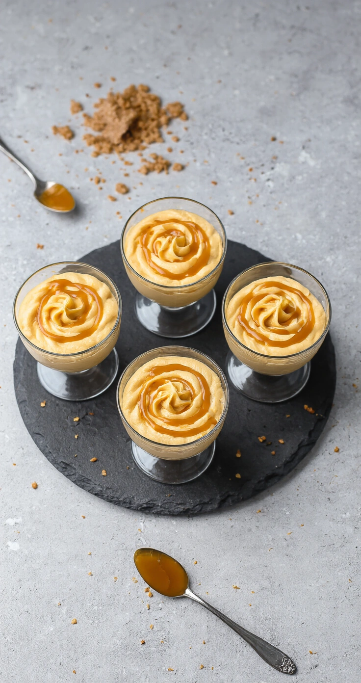 Keto Salted Caramel Mousse: Romig, Suikervrij en Onweerstaanbaar Lekker Elegante bovenaanzichtopname van zes designglaasjes met keto salted caramel mousse, afgewerkt met caramelsaus en Keltisch zeezout, op een leisteen bord, vergezeld van gehakte pecannoten en een zilveren lepel.