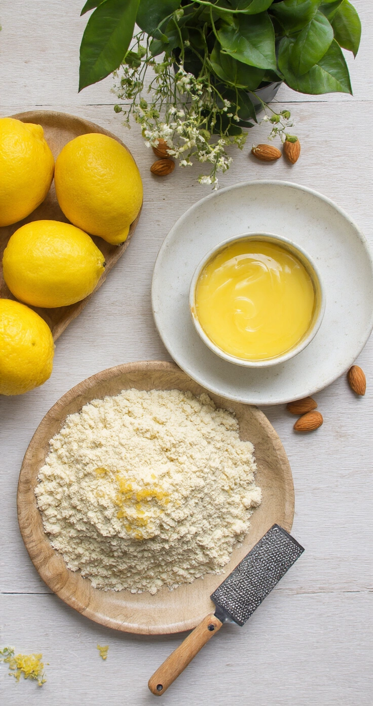 Keto Citroenreepjes met Amandelbodem Rustieke keuken met ingrediënten voor keto citroenreepjes: amandelmeel, gesmolten boter, biologische citroenen, microplane rasp en erythritol op een houten tafel, verlicht door zacht zijlicht.